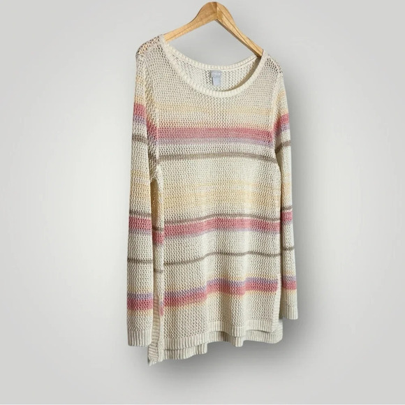 Chico’s | Textured Striped Sweater Open Weave Scoop Neck Side Slits EUC - Picture 4 of 9